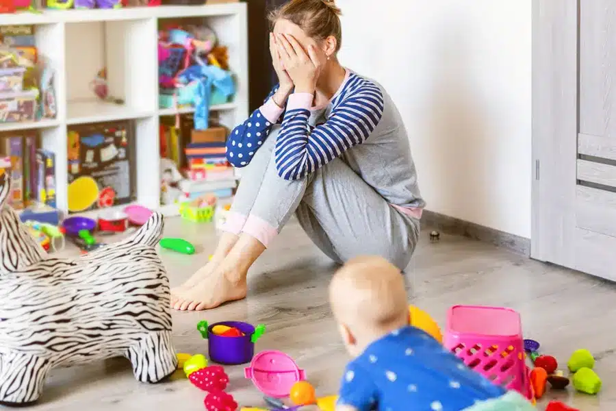 Messy Kids Frustrated Mother Toys on Floor
