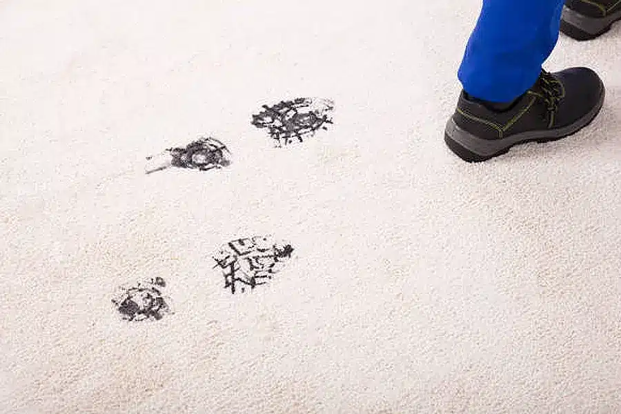 Seasonal changes like rain brings muddy boot prints on carpet